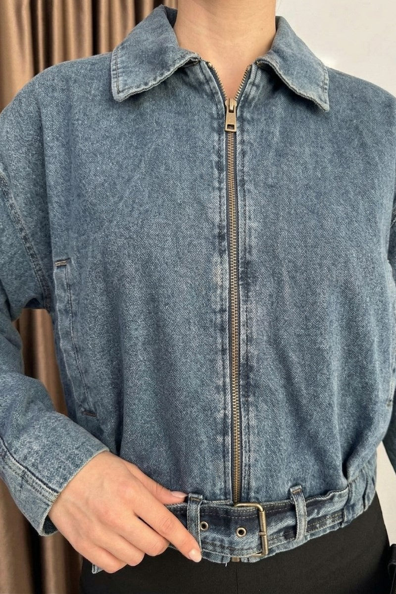 Kadın Kot Ceket Kısa Fermuarlı Uzun Kollu Düşük Omuz Kemerli Cepli Dikiş Detaylı Kısa Denim Mont