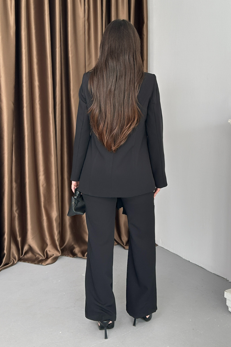 Kadın İkili Alt Üst Takım Şık Şal Yaka Tokalı Ceket Bol Paça Pantolon Takım