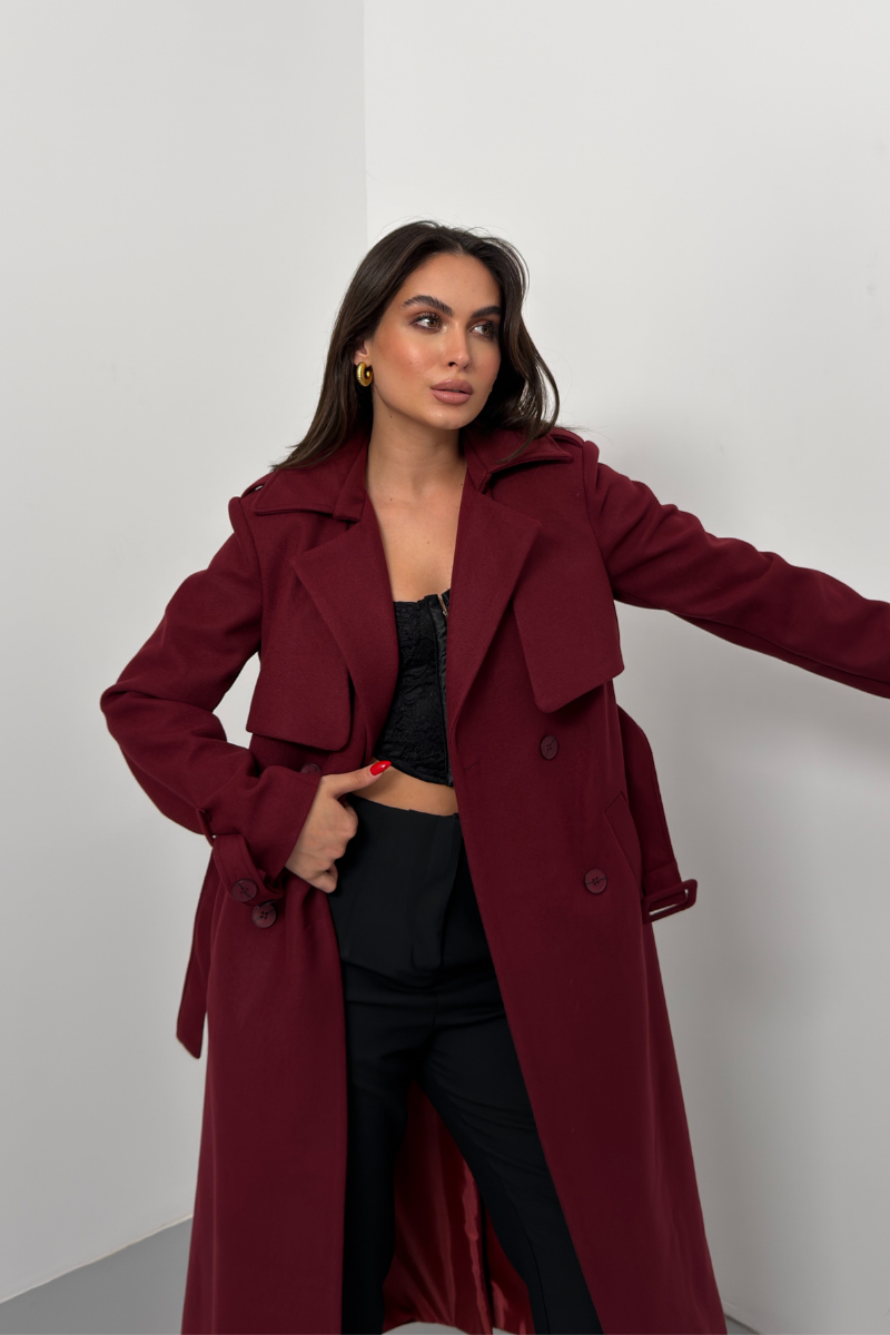 Kadın Kaban Uzun Kaşe Kuşaklı Düğmeli Cepli Kruvaze Premium Kaban