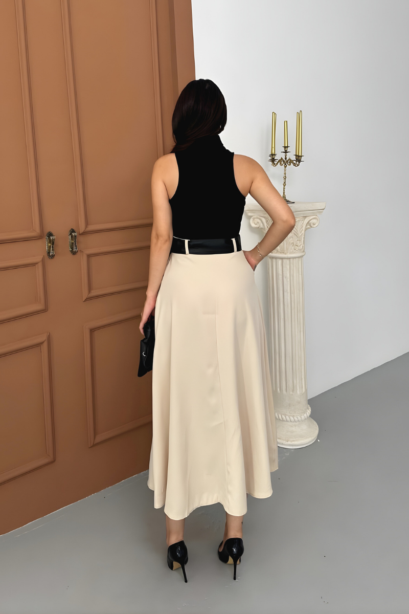 Kadın Elbise Midi Şık Kemerli Balıkçı Yaka Sıfır Kollu Eteği Düğmeli Cepli Kontrast Elbise