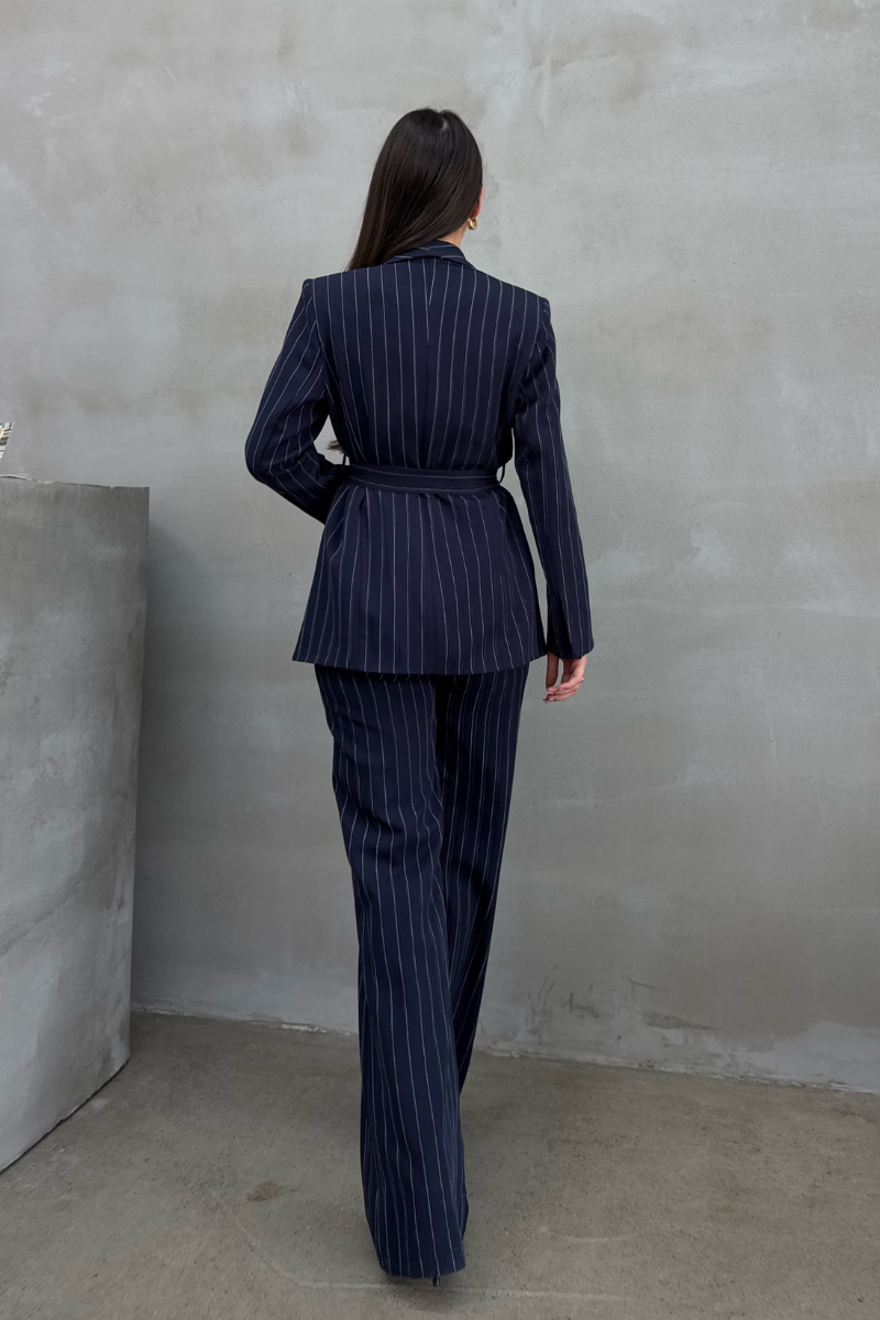 Kadın Çizgili Kuşaklı Blazer Ceket Pantolon Takım