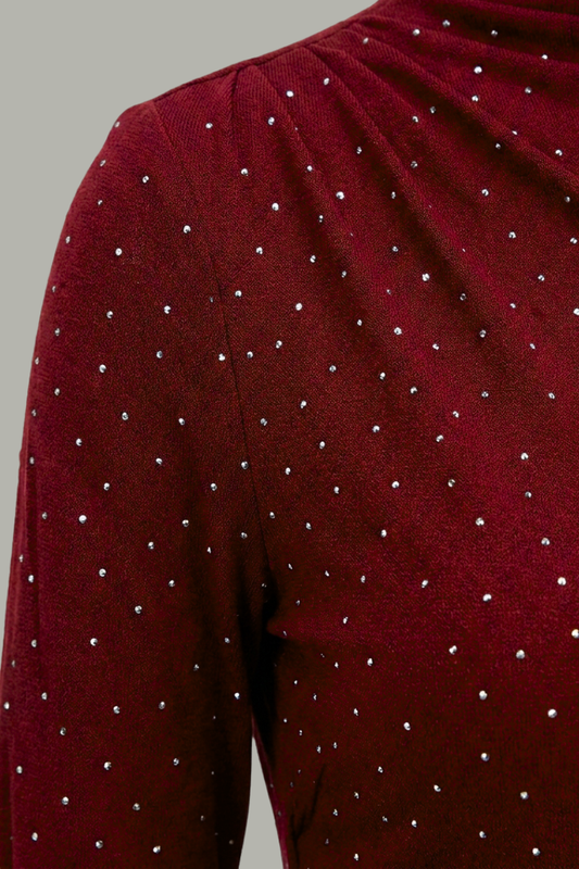 Kadın Bluz Taşlı Drapeli Uzun Kollu Sandy Kumaş Kısa Şık Bluz