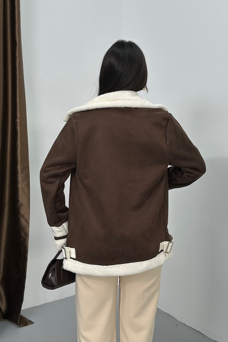 Kadın Süet Mont Oversize İçi Kürklü Fermuarlı Cepli Kol Detaylı Ceket Yaka Kışlık Kaban