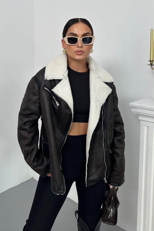 Kadın Mont İçi Kürklü Lamine Kruvaze Fermuarlı Cepli Oversize Ceket