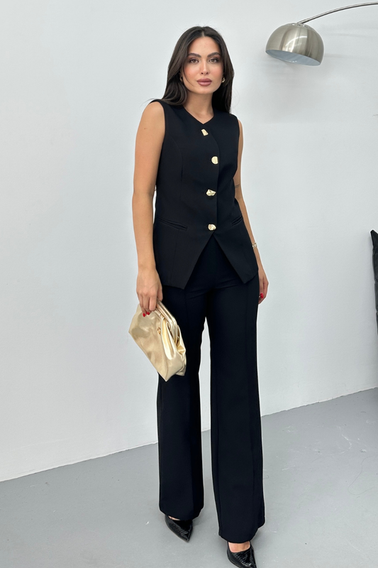 Kadın İkili Alt Üst Takım Şık Düğme Detaylı Bisiklet Yaka Regular Yelek Pantolon Takım