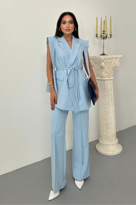 Kadın Alt Üst İkili Takım Omuz Detaylı Kuşaklı Yelek Pantolon Takım BEBE MAVİSİ 36