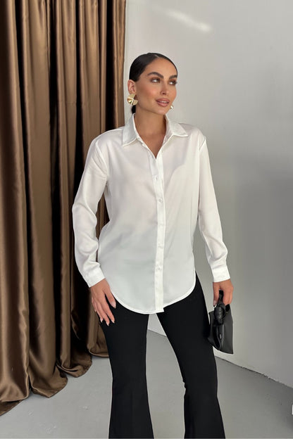 Kadın Gömlek Saten Uzun Kollu Düşük Omuz Düğmeli Şık Gömlek