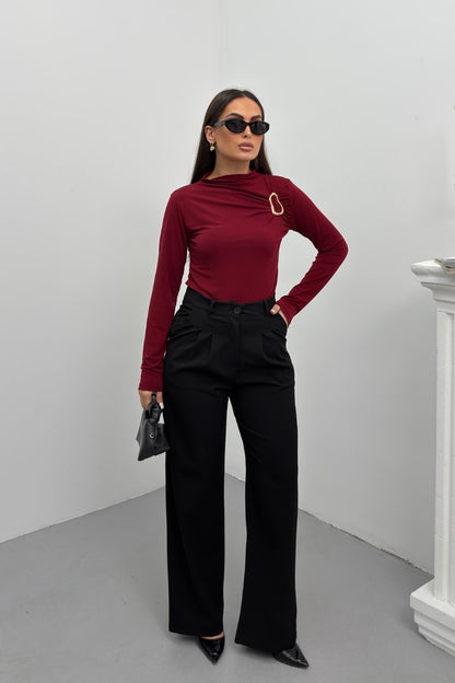 Kadın Pantolon Beli Bağcıklı Pile Detaylı Çift Cepli Bol Paça Pantolon