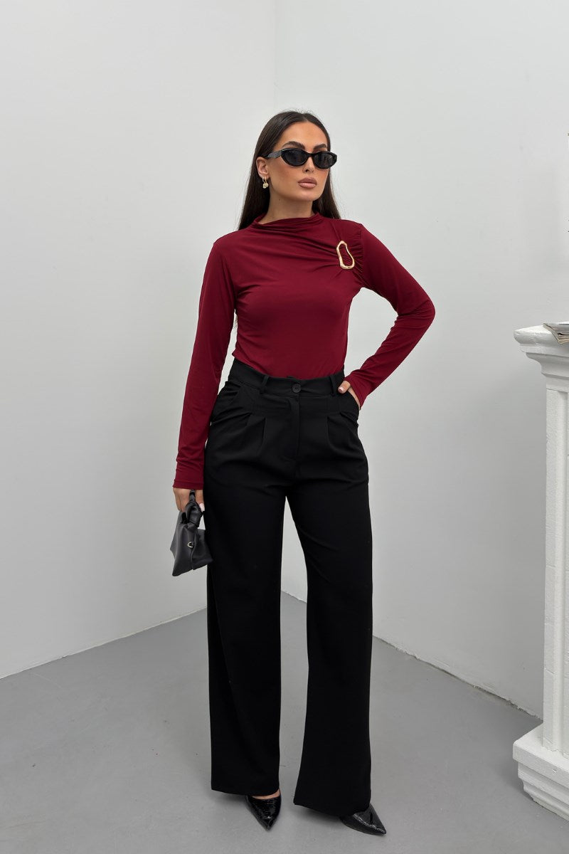 Kadın Pantolon Beli Bağcıklı Pile Detaylı Çift Cepli Bol Paça Pantolon