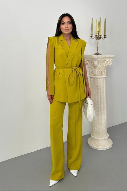 Kadın Alt Üst İkili Takım Omuz Detaylı Kuşaklı Yelek Pantolon Takım Yağ Yeşili