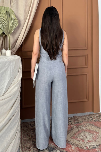 Kadın Alt Üst Takım Keten Düğmeli V Yaka Yelek Bol Paça Pantolon Takım