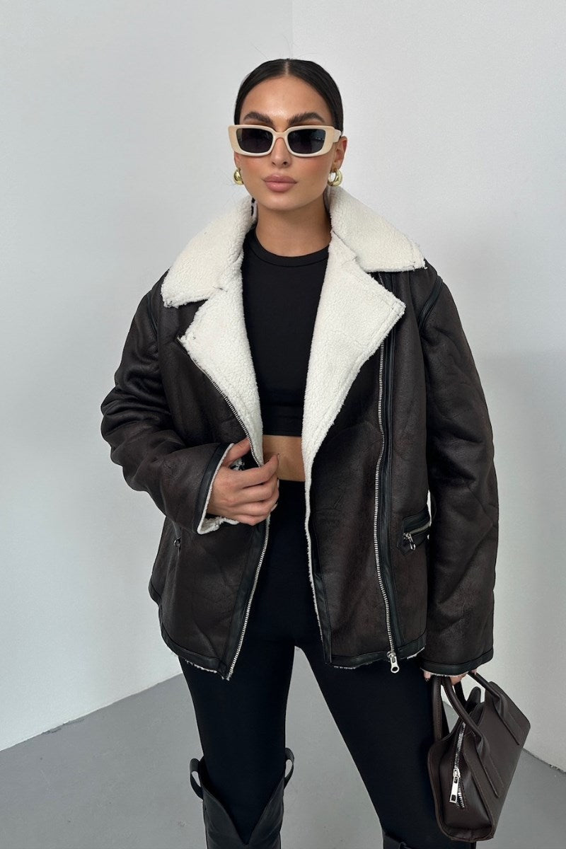 Kadın Mont İçi Kürklü Lamine Kruvaze Fermuarlı Cepli Oversize Ceket