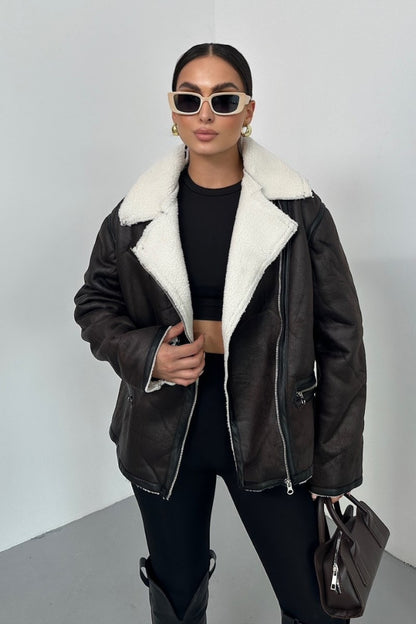 Kadın Mont İçi Kürklü Lamine Kruvaze Fermuarlı Cepli Oversize Ceket