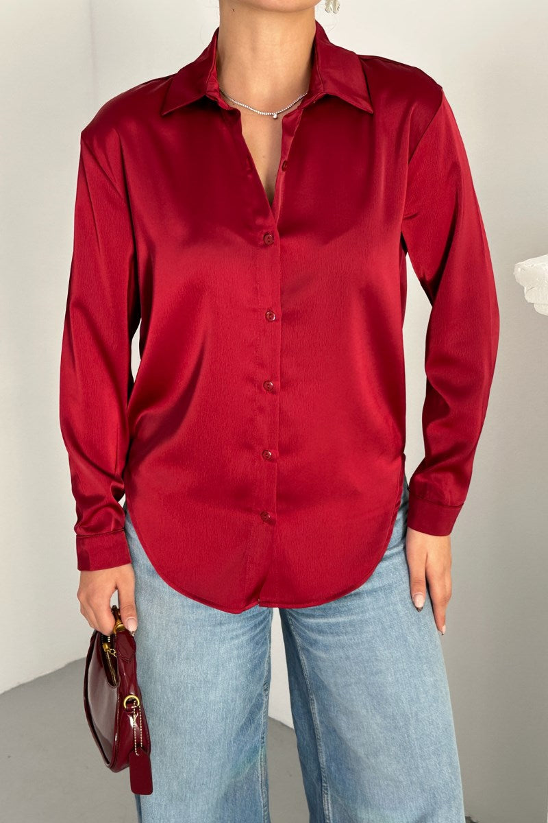 Kadın Gömlek Saten Uzun Kollu Düşük Omuz Düğmeli Şık Gömlek