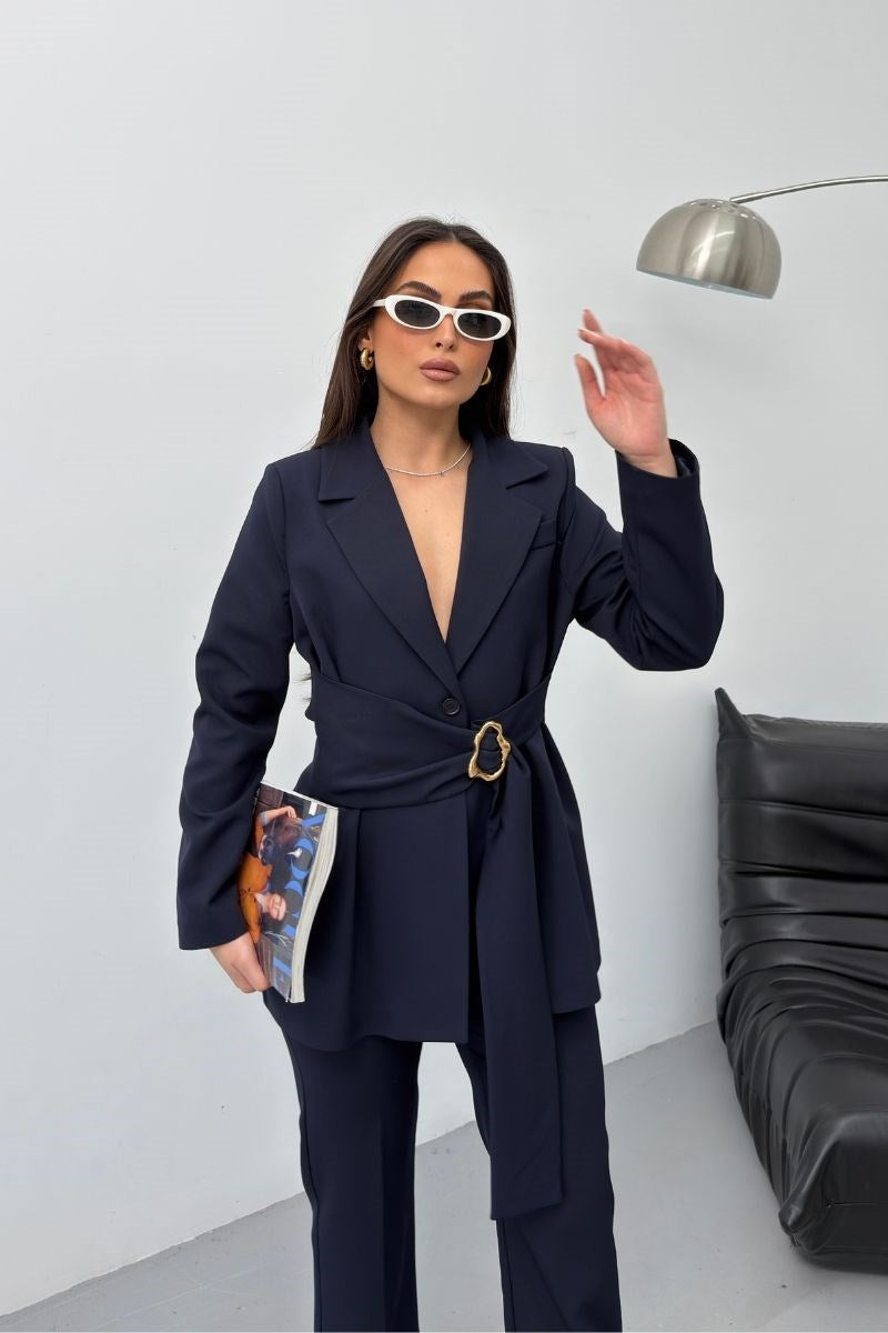 Kadın İkili Alt Üst Takım Şık Gold Tokalı Kuşaklı Blazer Ceket Bol Paça Pantolon Takım