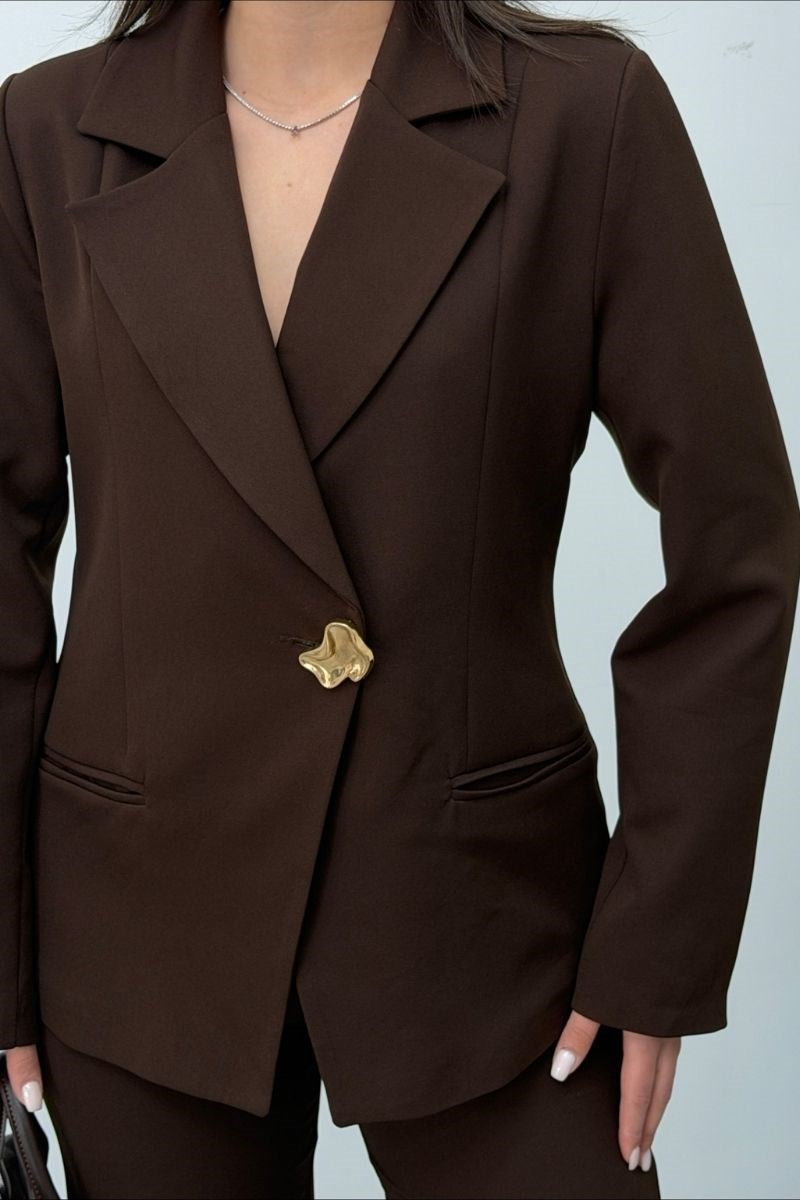 Kadın İkili Alt Üst Takım Şık Gold Düğmeli Fleto Cepli Blazer Ceket Bol Paça Pantolon Takım