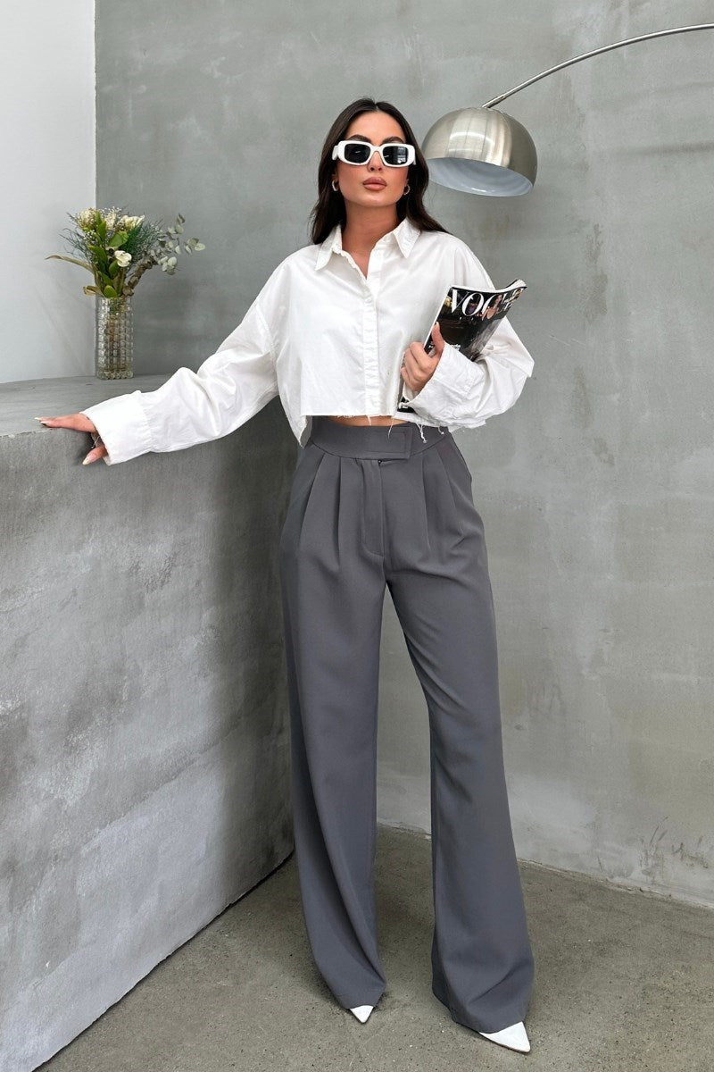 Kadın Palazzo Pantolon Beli Cırtlı Çift Cepli Bol Paça Pantolon