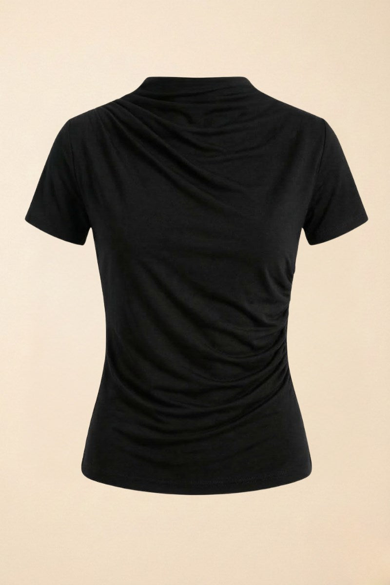 Kadın T-Shirt Kısa Kollu Drape Detaylı Yaka ve Beli Büzgülü Sandy Kumaş Likralı Bluz