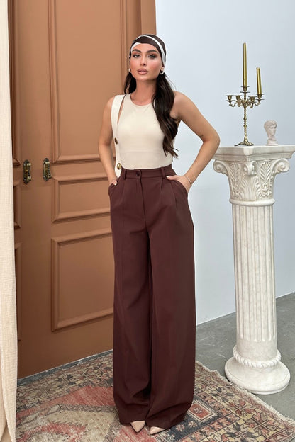 Kadın Palazzo Pantolon Düğmeli Çift Cepli Bol Paça Pantolon