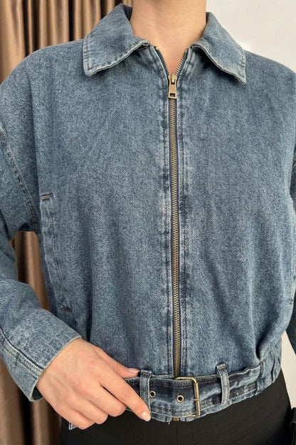 Kadın Kot Ceket Kısa Fermuarlı Uzun Kollu Düşük Omuz Kemerli Cepli Dikiş Detaylı Kısa Denim Mont