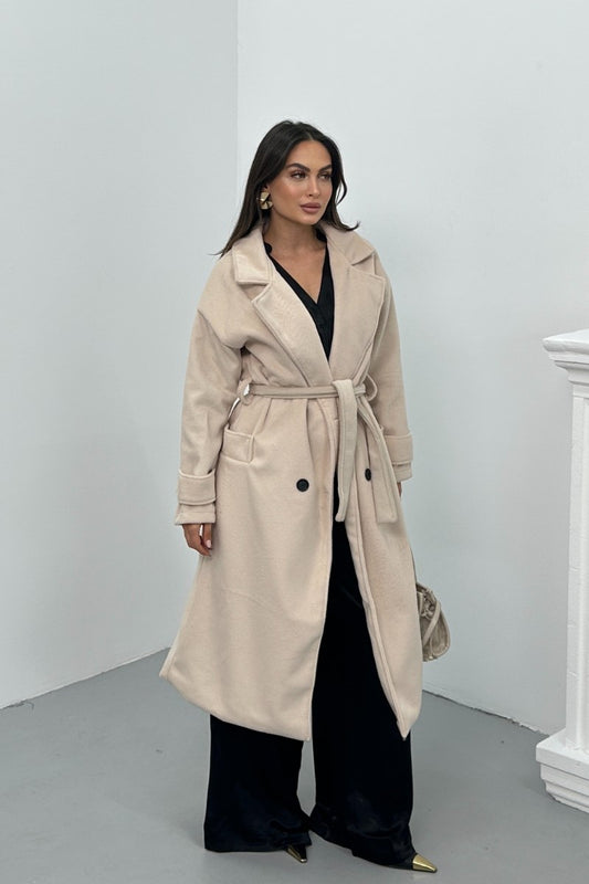 Kadın Kaşe Kaban Uzun Kuşaklı Düğmeli Cepli Premium Kaşe Kaban