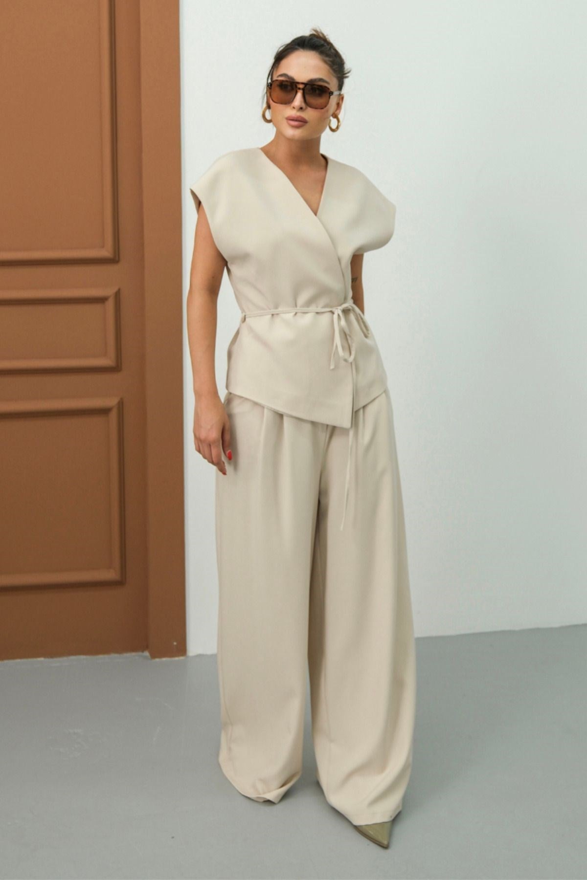 Kadın İkili Alt Üst Takım Bağcıklı Bol Kesim Dökümlü Yazlık Kısa Kollu Kimono Ceket Palazzo Pantolon BEBE MAVİSİ 36 Çok Renkli