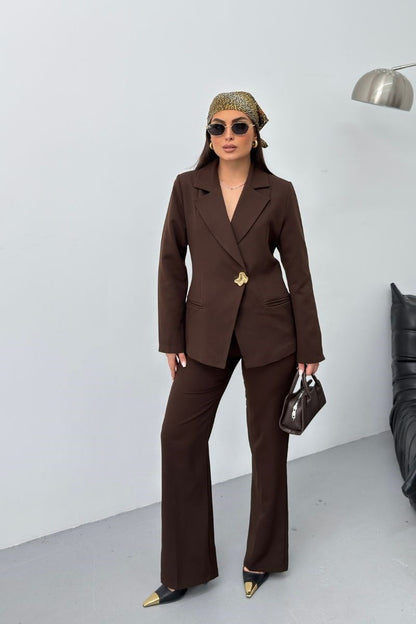 Kadın İkili Alt Üst Takım Şık Gold Düğmeli Fleto Cepli Blazer Ceket Bol Paça Pantolon Takım