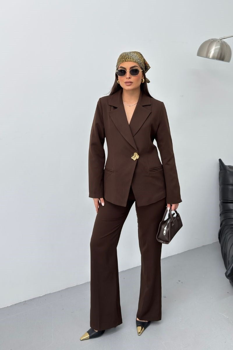 Kadın İkili Alt Üst Takım Şık Gold Düğmeli Fleto Cepli Blazer Ceket Bol Paça Pantolon Takım