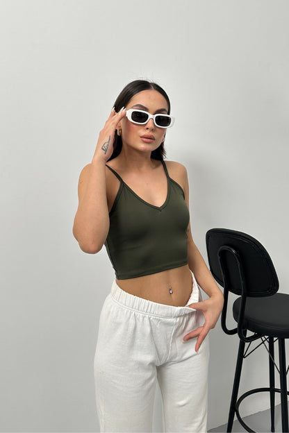 Kadın Crop Top Askılı V Yaka Büstiyer