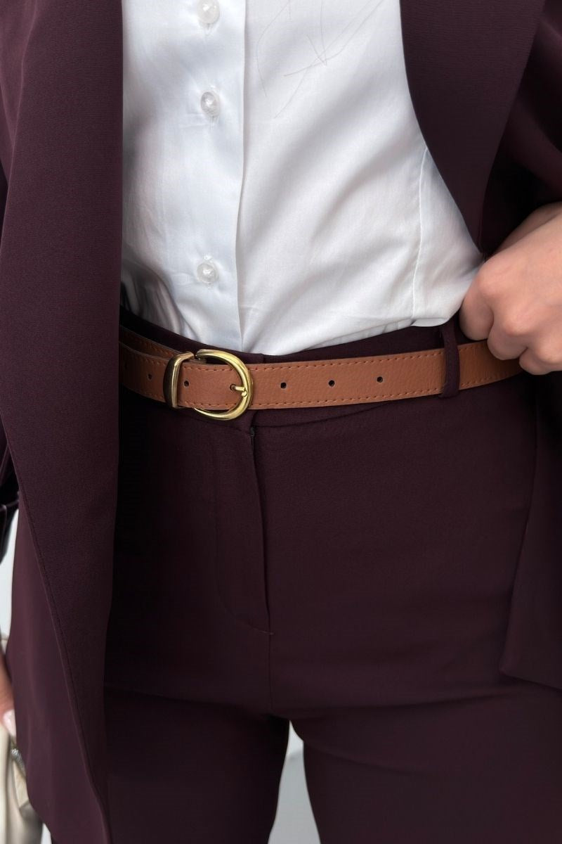 Kadın İkili Alt Üst Takım Kemerli Çizgili Astarlı Cep Detaylı Regular Blazer Ceket Pantolon Takım