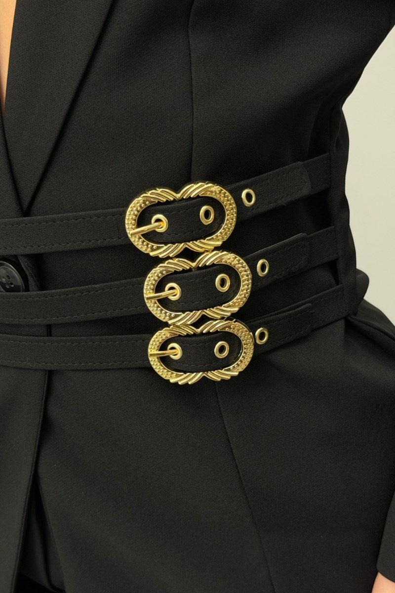 Kadın Siyah İkili Takım Şık Gold Kemerli Vatkalı Blazer Ceket Bol Paça Pantolon Takım