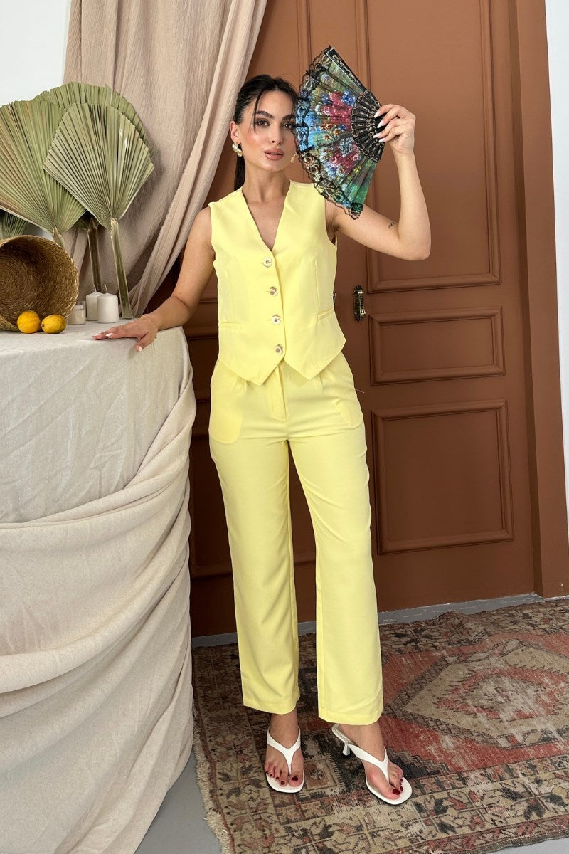 Kadın Alt Üst Takım Şık Gold Düğme Detaylı V Yaka Yelek Pantolon Takım