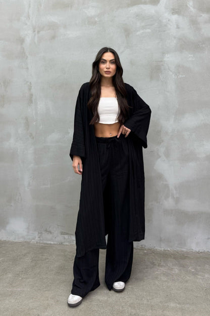 Kadın Yırtmaçlı Gofre Ikili Kimono Takım