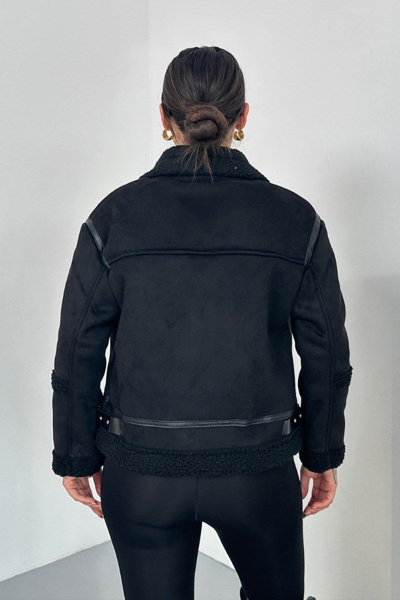 Kadın Süet Mont İçi Kürklü Fermuarlı Cepli Yaka ve Kol Detaylı Premium Regular Ceket