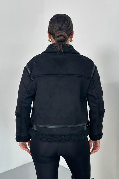 Kadın Süet Mont İçi Kürklü Fermuarlı Cepli Yaka ve Kol Detaylı Premium Regular Ceket