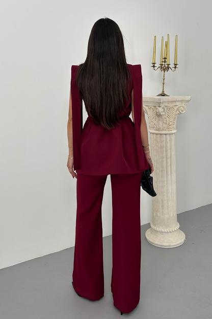 Kadın Alt Üst İkili Takım Omuz Detaylı Kuşaklı Yelek Pantolon Takım