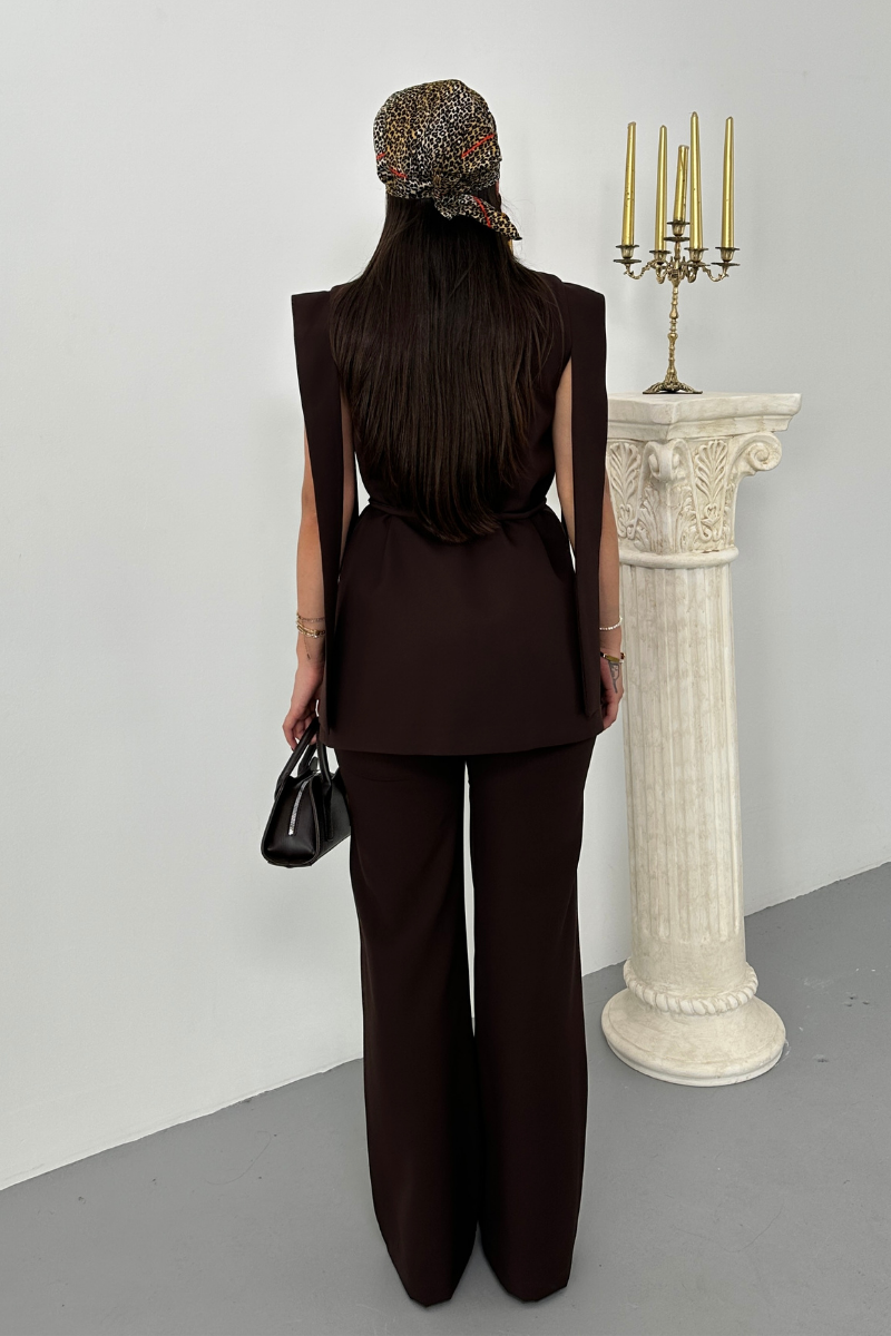 Kadın Alt Üst İkili Takım Omuz Detaylı Kuşaklı Yelek Pantolon Takım