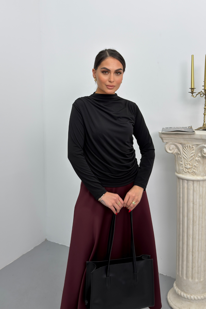 Kadın Bluz Drapeli Uzun Kollu Sandy Kumaş Yüksek Yakalı Likralı Bluz