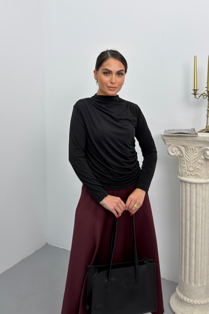 Kadın Bluz Drapeli Uzun Kollu Sandy Kumaş Yüksek Yakalı Likralı Bluz