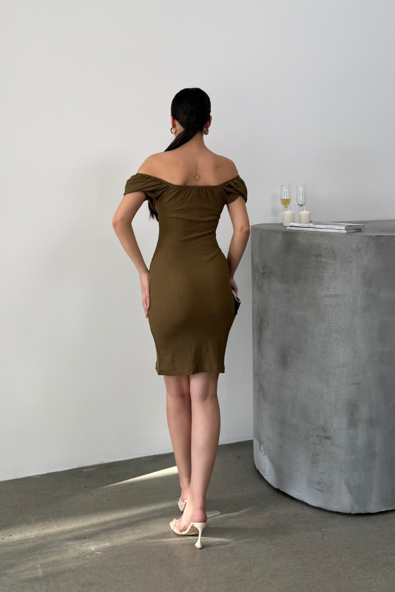 Kadın Elbise Mini Yazlık Kısa Kollu Yaka Detaylı Esnek Bodycon Elbise