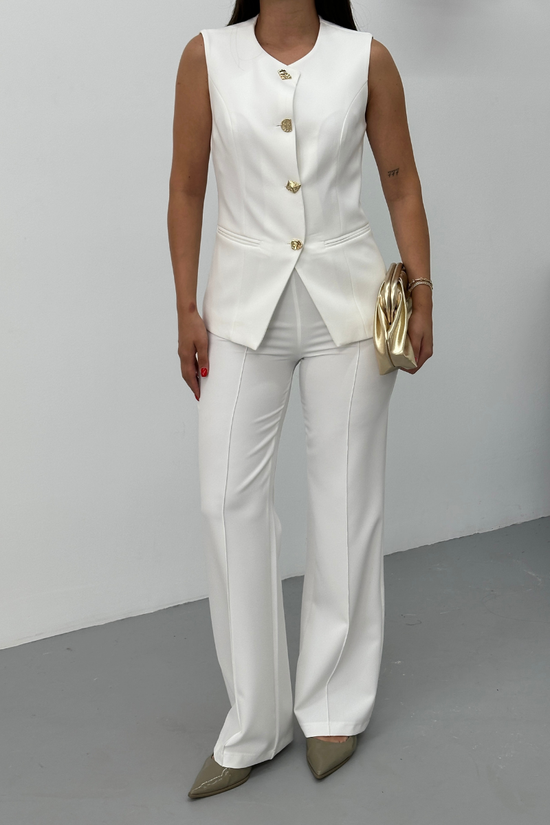 Kadın İkili Alt Üst Takım Şık Düğme Detaylı Bisiklet Yaka Regular Yelek Pantolon Takım