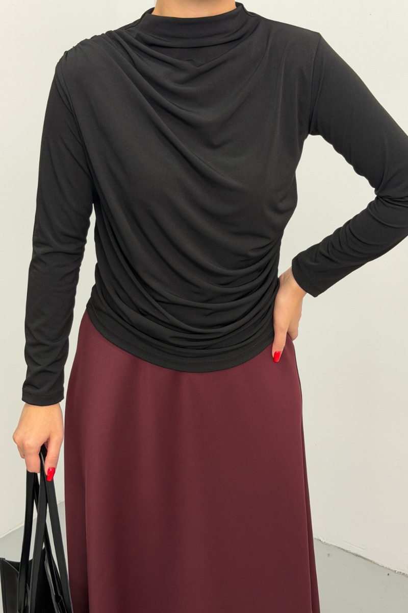 Kadın Bluz Drapeli Uzun Kollu Sandy Kumaş Yüksek Yakalı Likralı Bluz