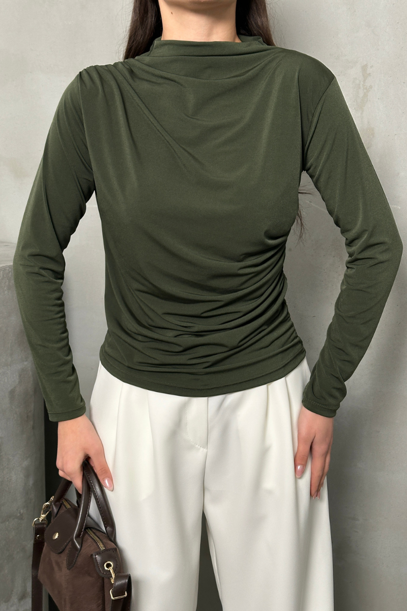 Kadın Bluz Drapeli Uzun Kollu Sandy Kumaş