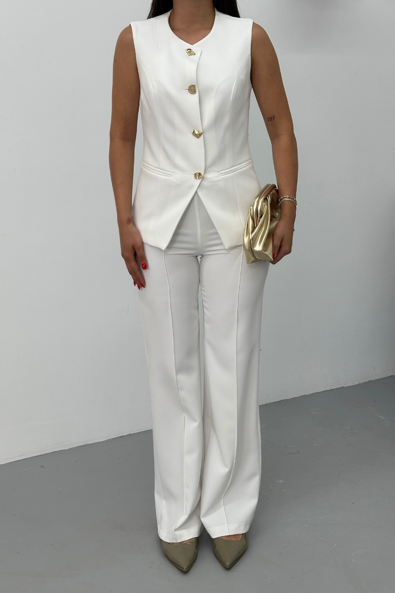 Kadın İkili Alt Üst Takım Şık Düğme Detaylı Bisiklet Yaka Regular Yelek Pantolon Takım