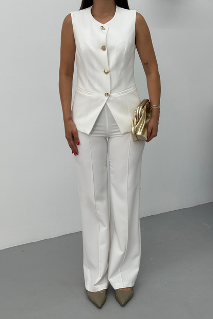 Kadın İkili Alt Üst Takım Şık Düğme Detaylı Bisiklet Yaka Regular Yelek Pantolon Takım