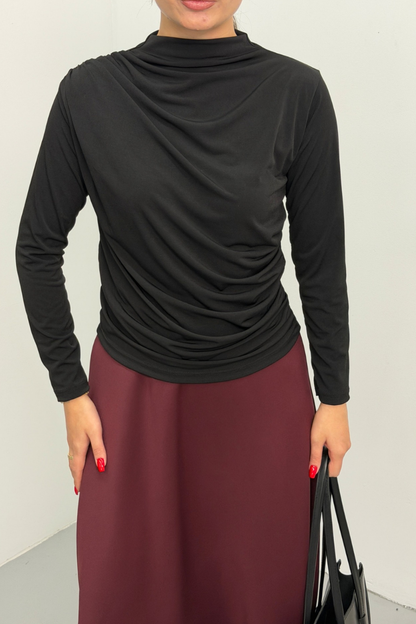 Kadın Bluz Drapeli Uzun Kollu Sandy Kumaş Yüksek Yakalı Likralı Bluz