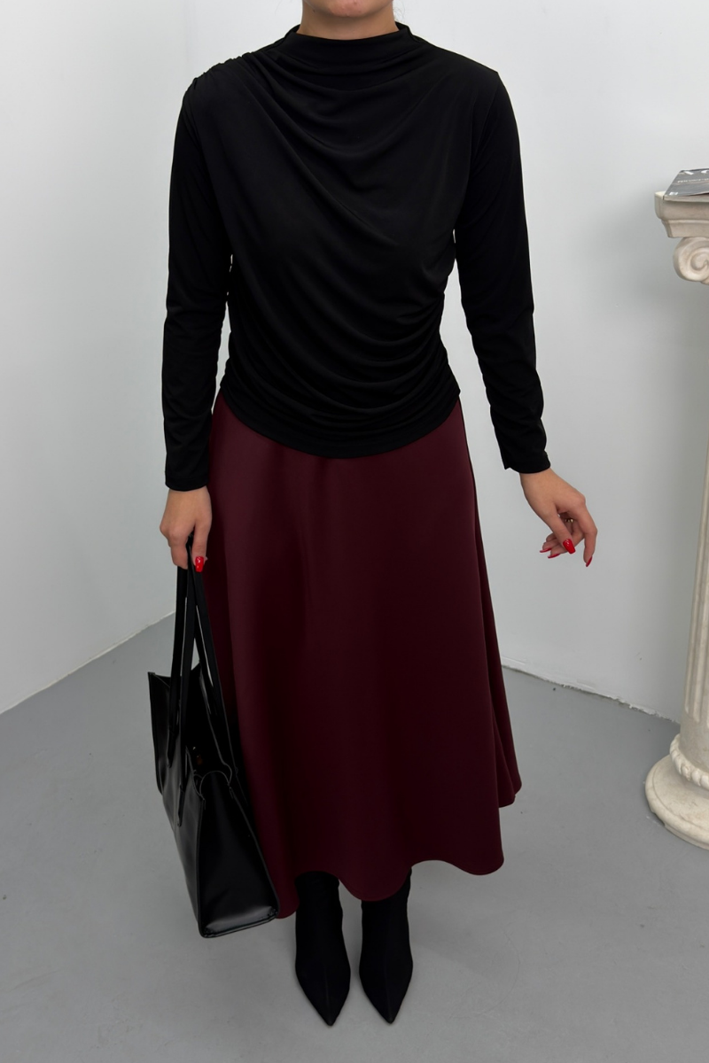 Kadın Bluz Drapeli Uzun Kollu Sandy Kumaş Yüksek Yakalı Likralı Bluz