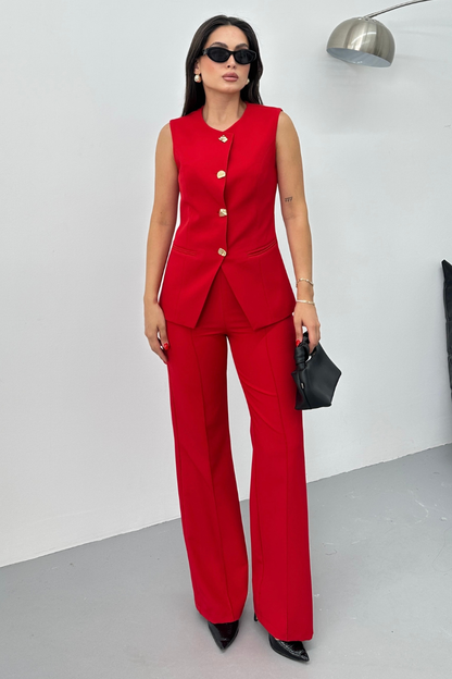 Kadın İkili Alt Üst Takım Şık Düğme Detaylı Bisiklet Yaka Regular Yelek Pantolon Takım