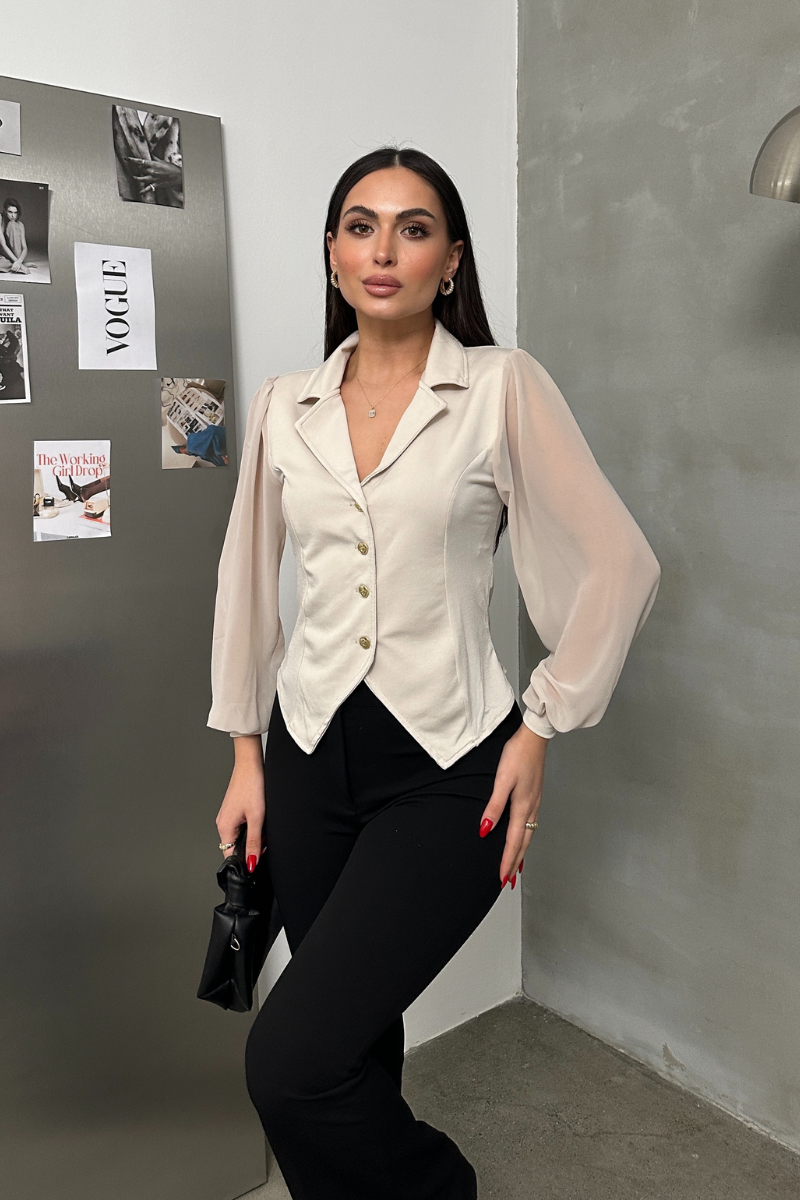 Kadın Gömlek Düğmeli Uzun Tül Kollu Ceket Yaka Bele Oturan Gömlek