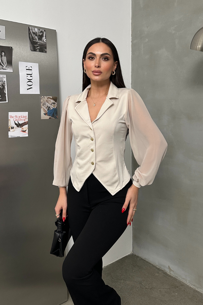 Kadın Gömlek Düğmeli Uzun Tül Kollu Ceket Yaka Bele Oturan Gömlek